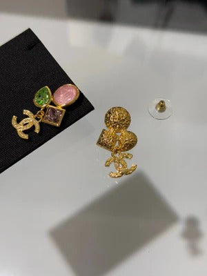 Chanel 2026 Gemstone Gold Full Diamond Double C Glass Pearl AB Style Earrings