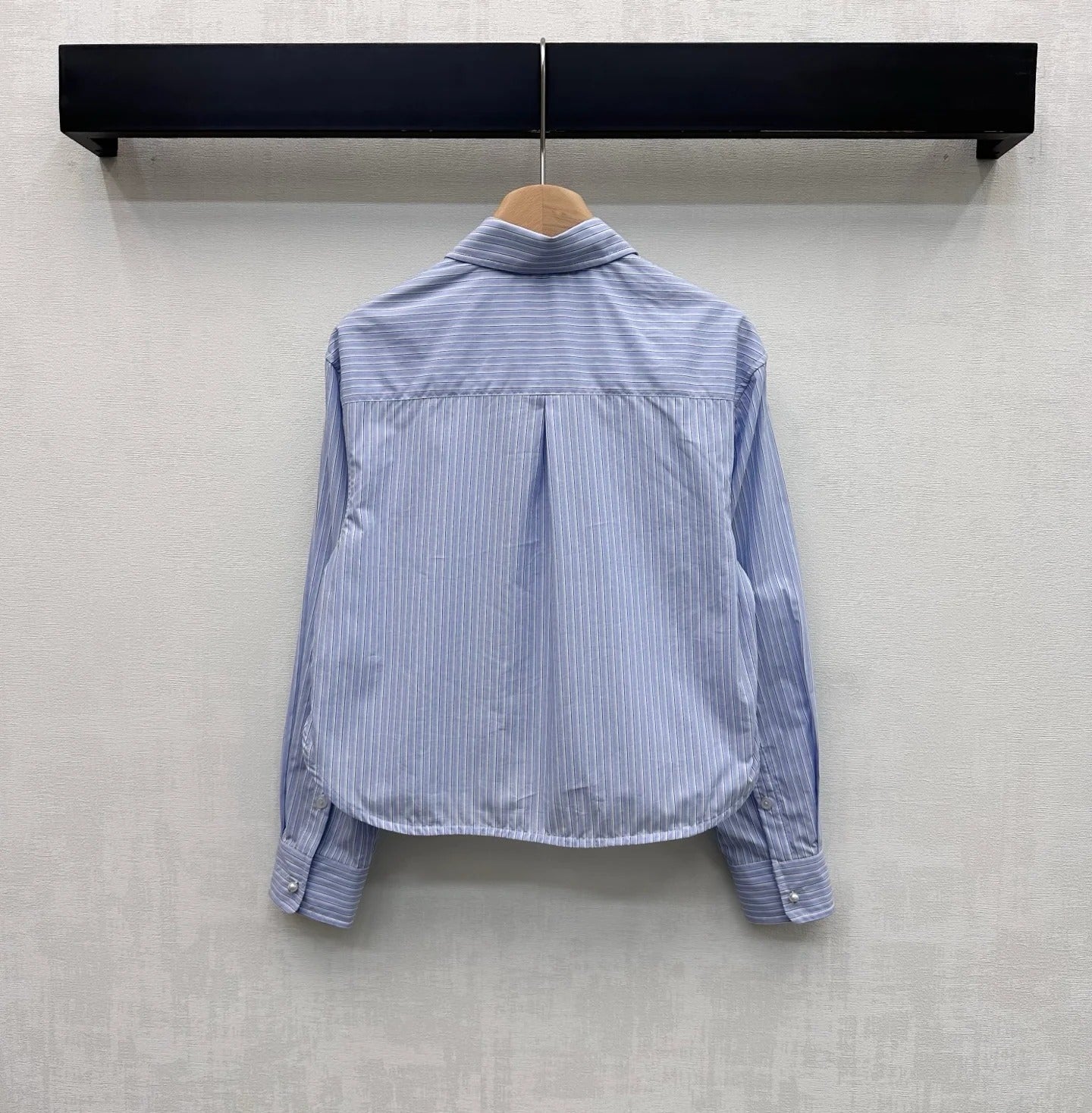 Chanel 2026 Pearl Button Chain Trim Short Shirt Blue Cotton 206642