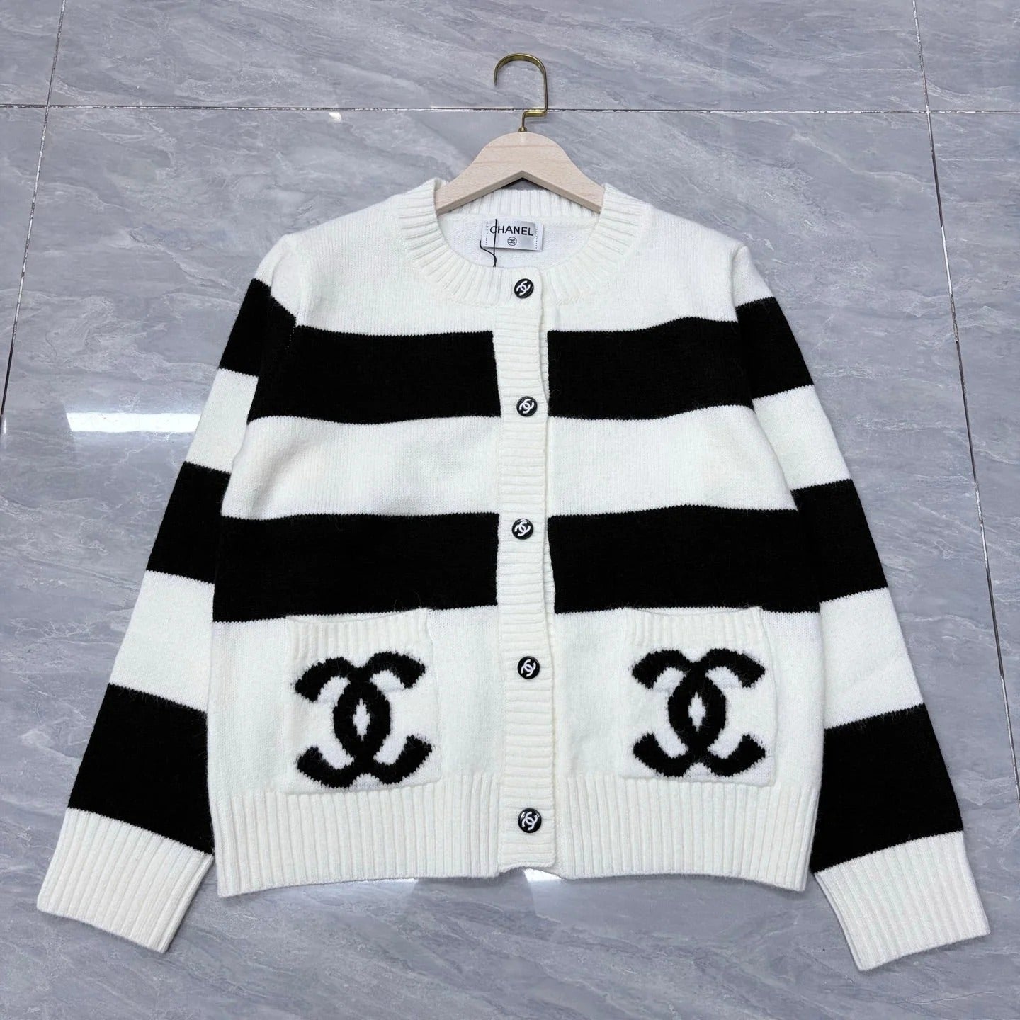 Chanel 2026 Pocket Logo Crew Neck Cardigan Black White Wool 244685