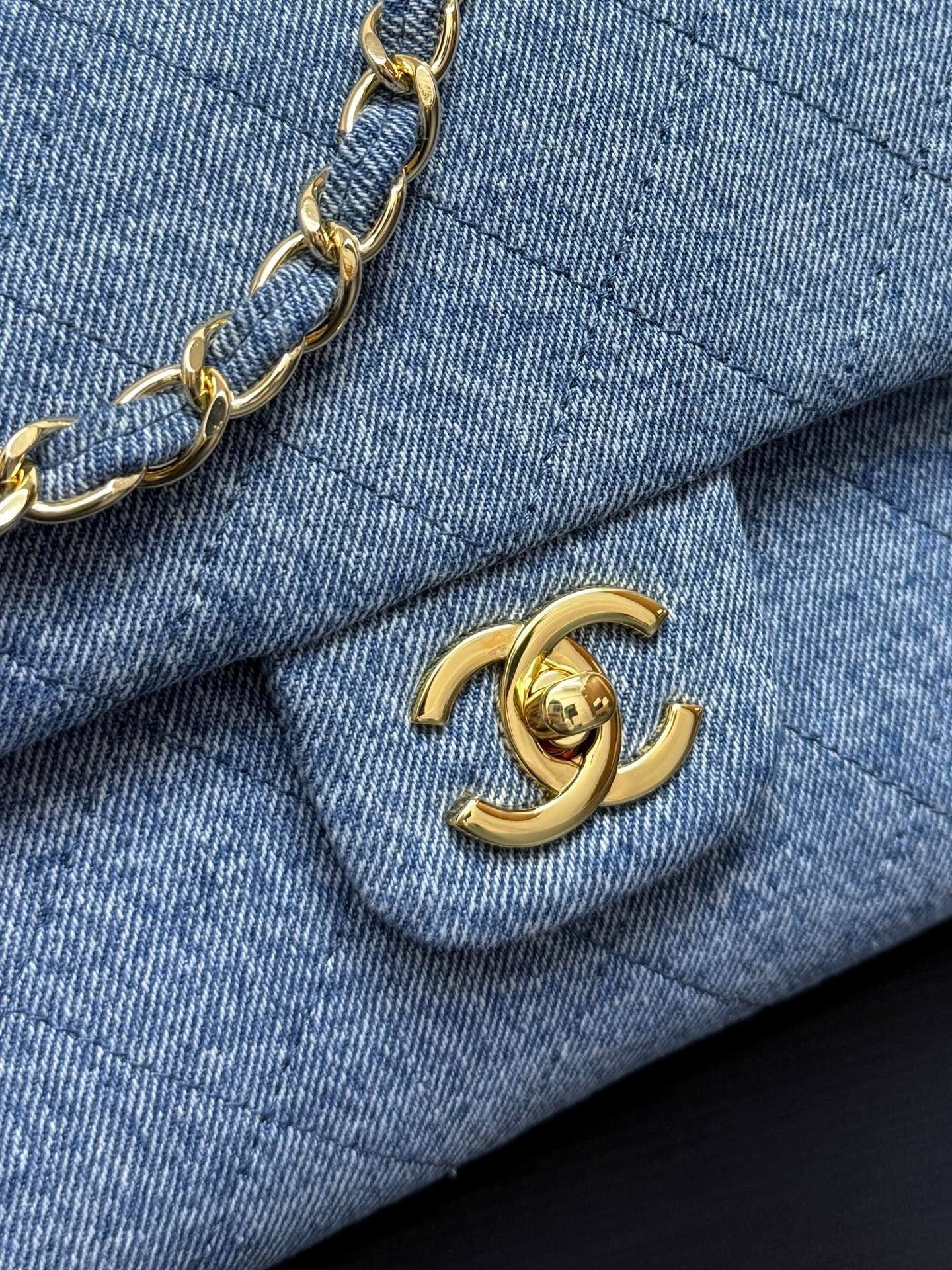 Chanel 2026 Flap Bag Blue Gold Denim