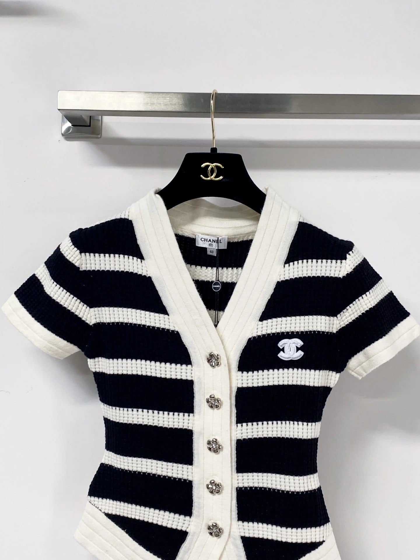 Chanel 2026 Short-sleeved Shirt White mix Navy Blue Wool 705303