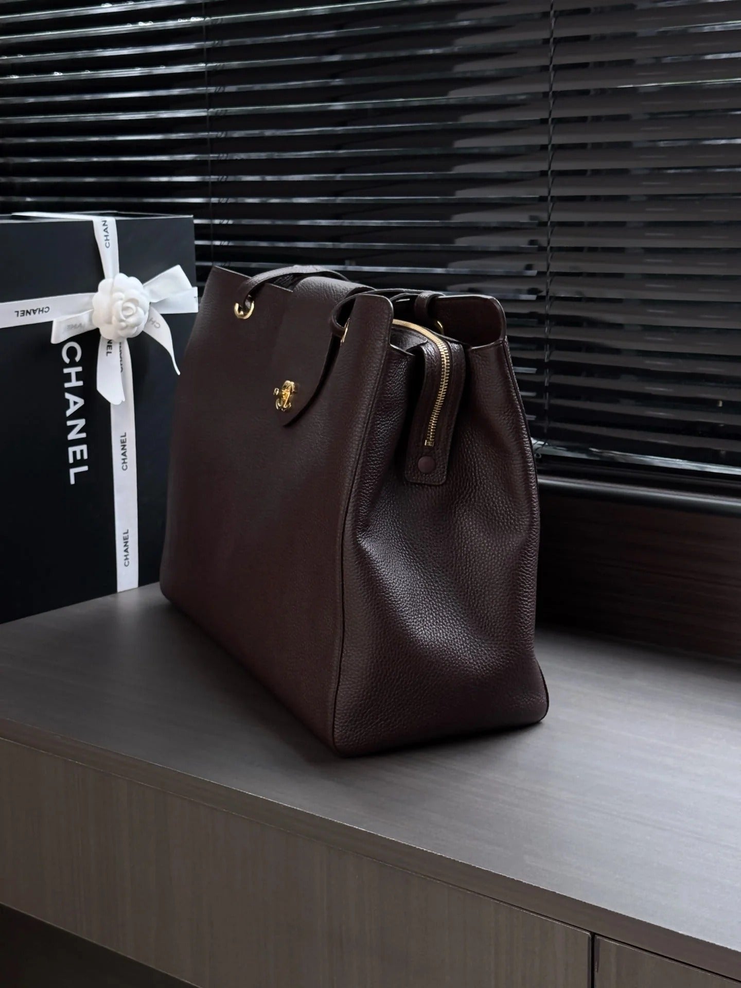 Chane 2026 Large Shopping Bag 46cm Dark Burgundy Calfskin