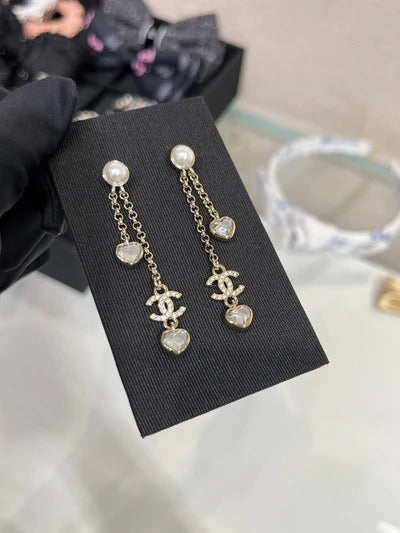 Chanel Light Gold Full Diamond Double C Heart Diamond Crystal Long Earrings