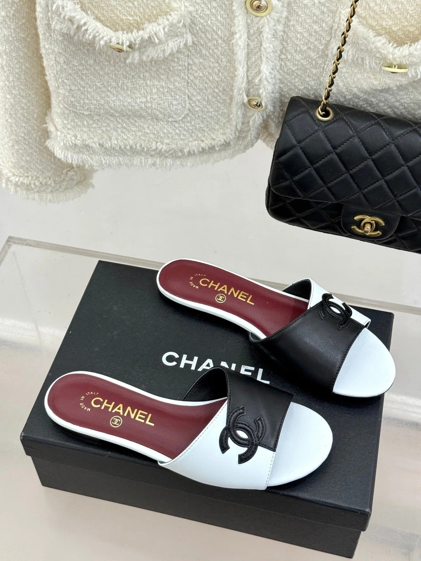 CC 26S Double C Patchwork Sandal White Black in Cowhide 706371