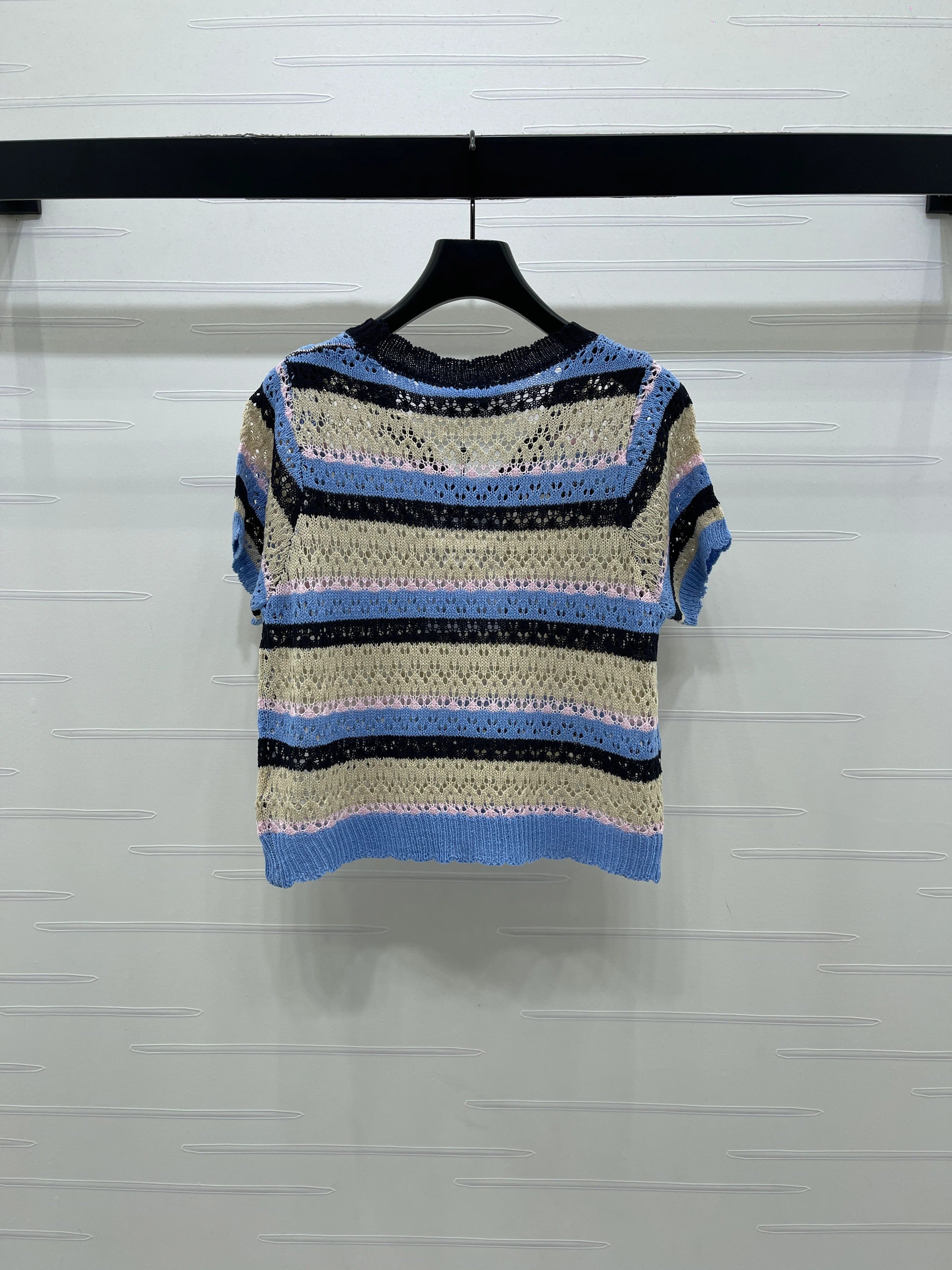 Chanel 2026 Hollow Out Knit Top Blue Beige Black Cotton