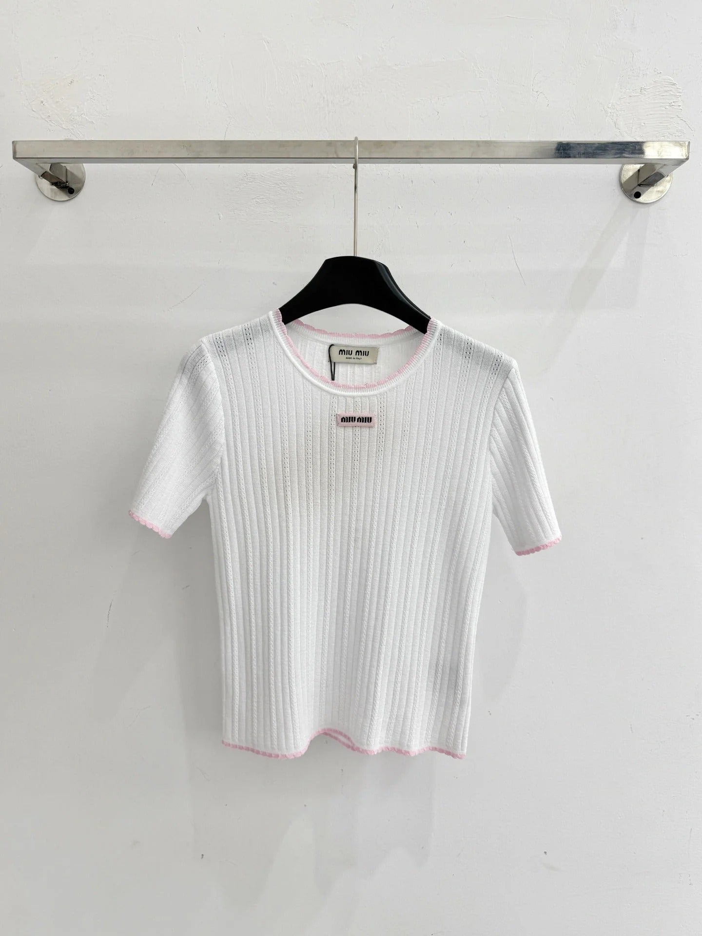 Miumiu 2026 Pink-trimmed Knit Short-sleeved Top Tencel Nylon 179459