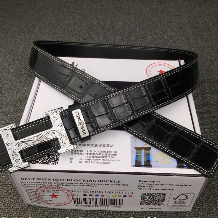 HM Belt 38mm Black Crocodile Embossed Silver Buckle Leather 619362