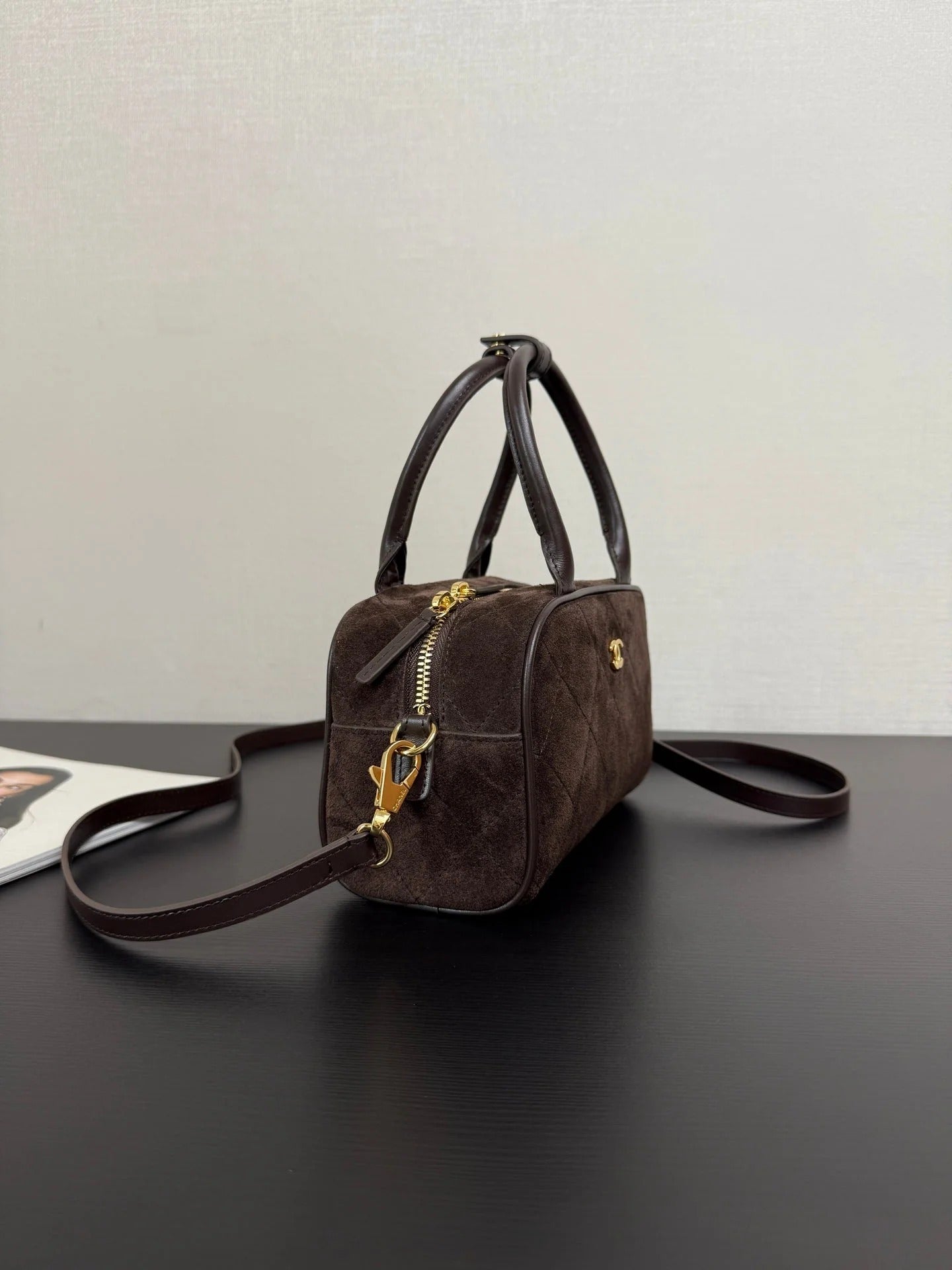 Chanel 2026 Pouch With Leather Strap 21cm Dark Brown Suede