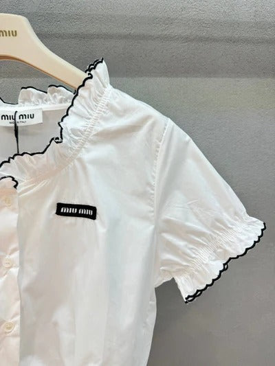 Miumiu 2026 Ruffled Trim Shirt White Black Cotton 375185
