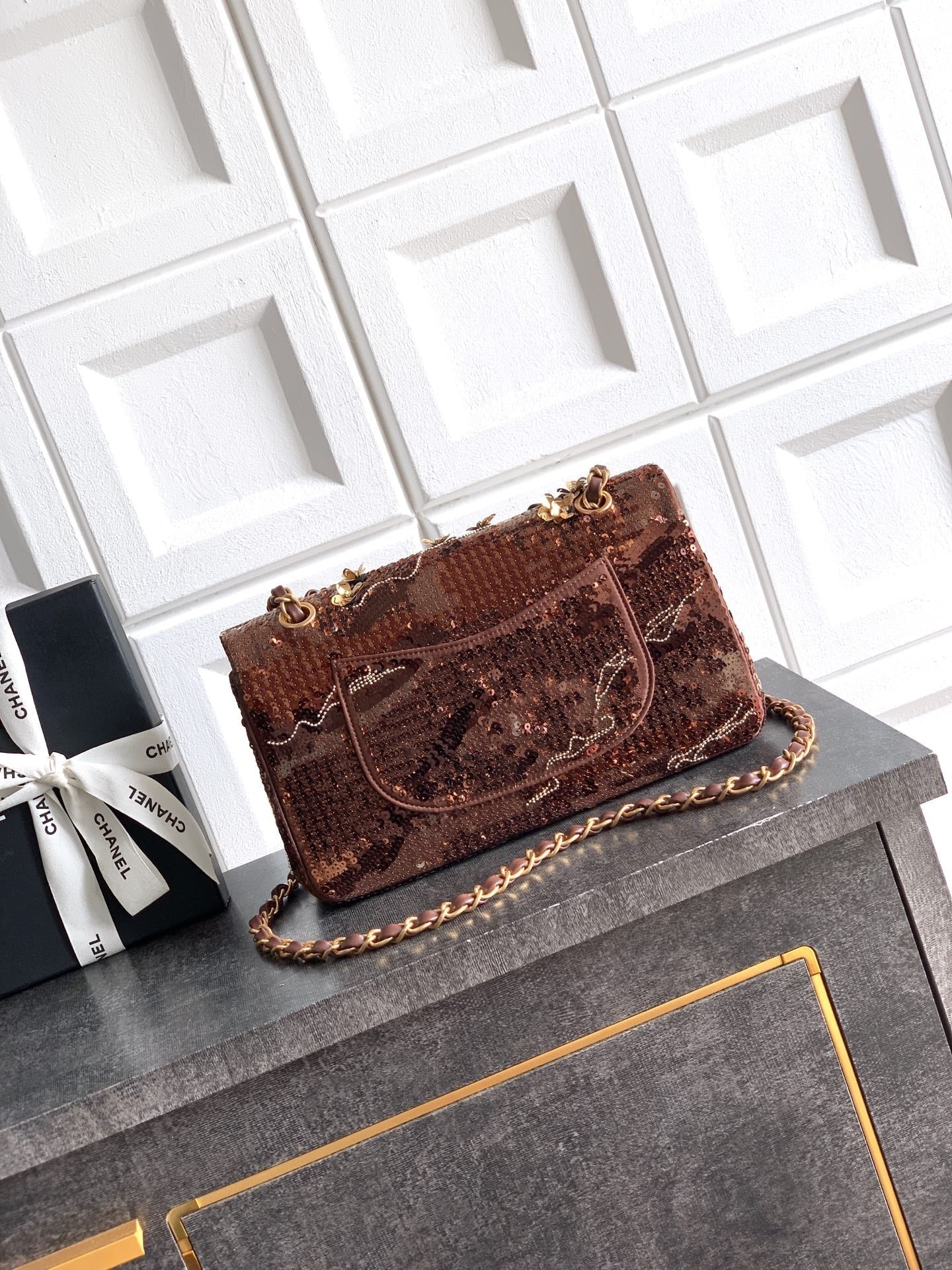 Chane 2026 Flap Bag Brown Mix Colors Sequin Leather