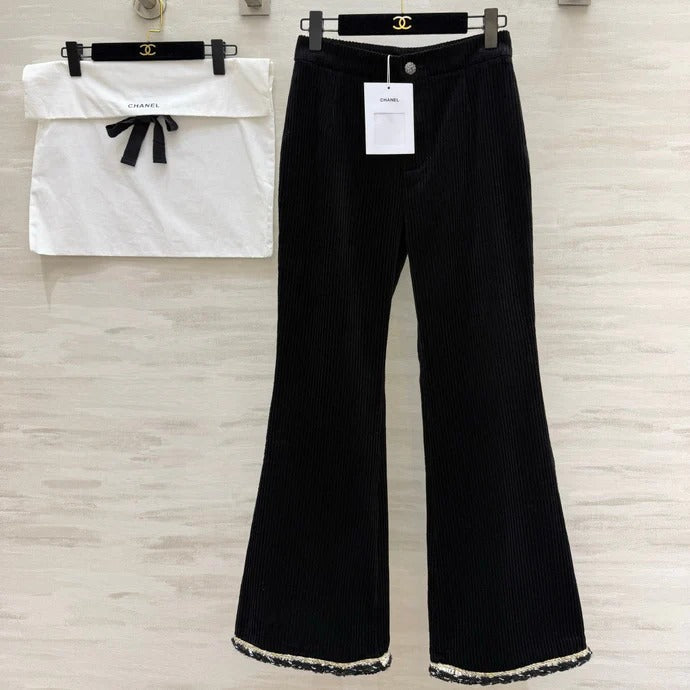 Chanel 2026 Corduroy Flared Pants Black Velvet Fabric 377401