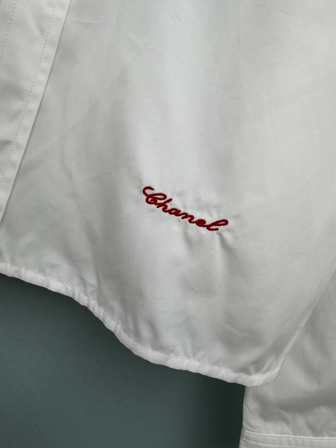 Chanel 2026 Pearl Button Chain Trim Short Shirt White Cotton 213056