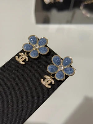 Chanel 2026 Denim Enamel Flower Crystal Light Gold Diamond Earrings