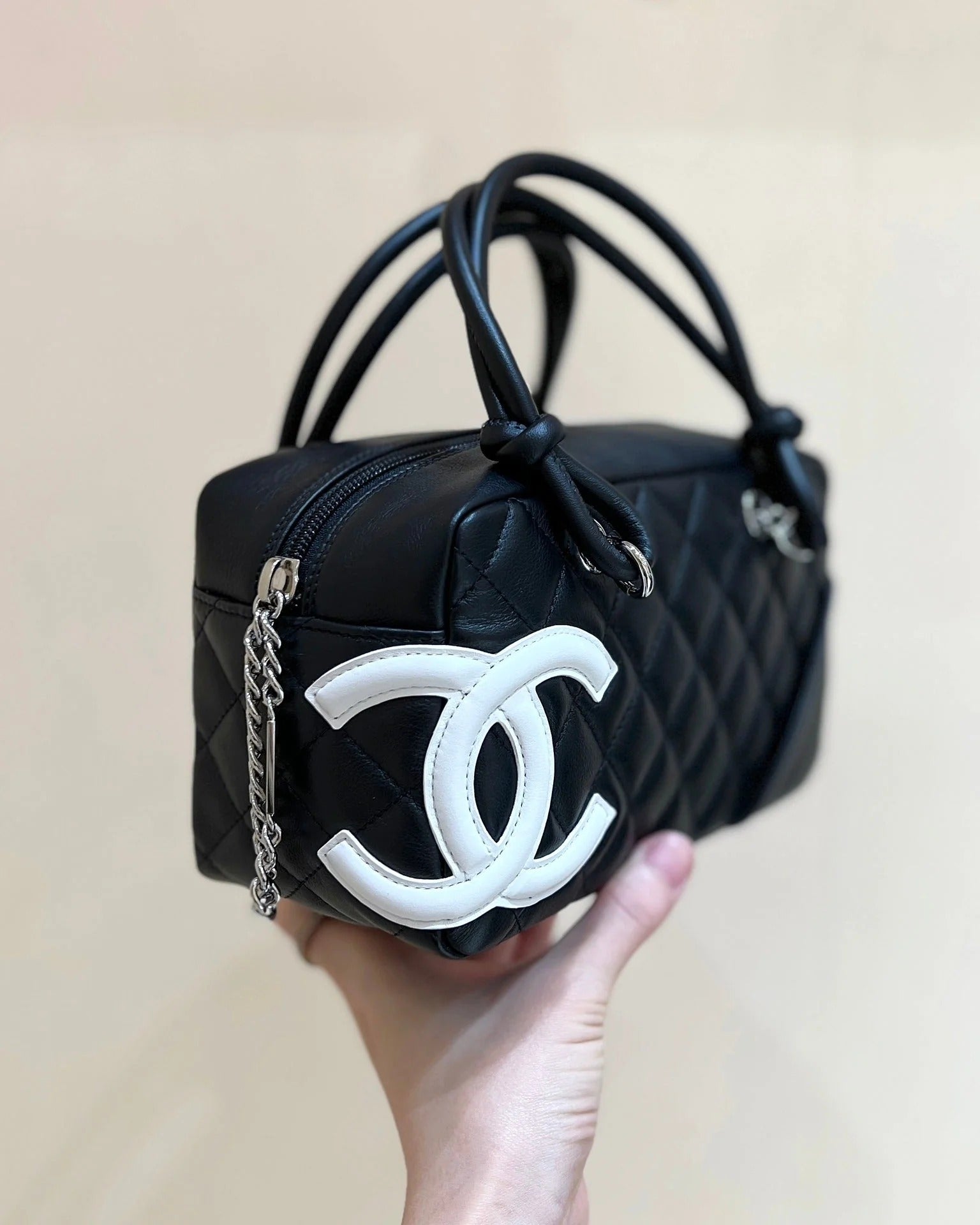 Chanel 2026 Cambon Ligne Bag 21cm Black White Quilted Lambskin