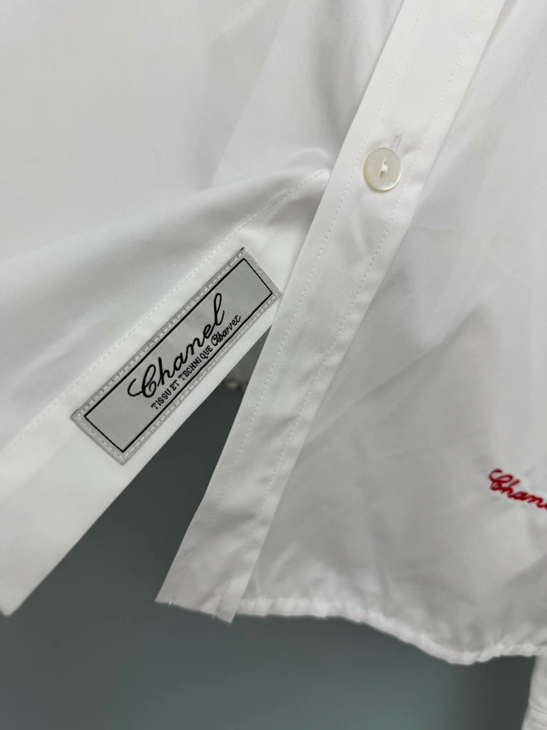 Chanel 2026 Pearl Button Chain Trim Short Shirt White Cotton 213056