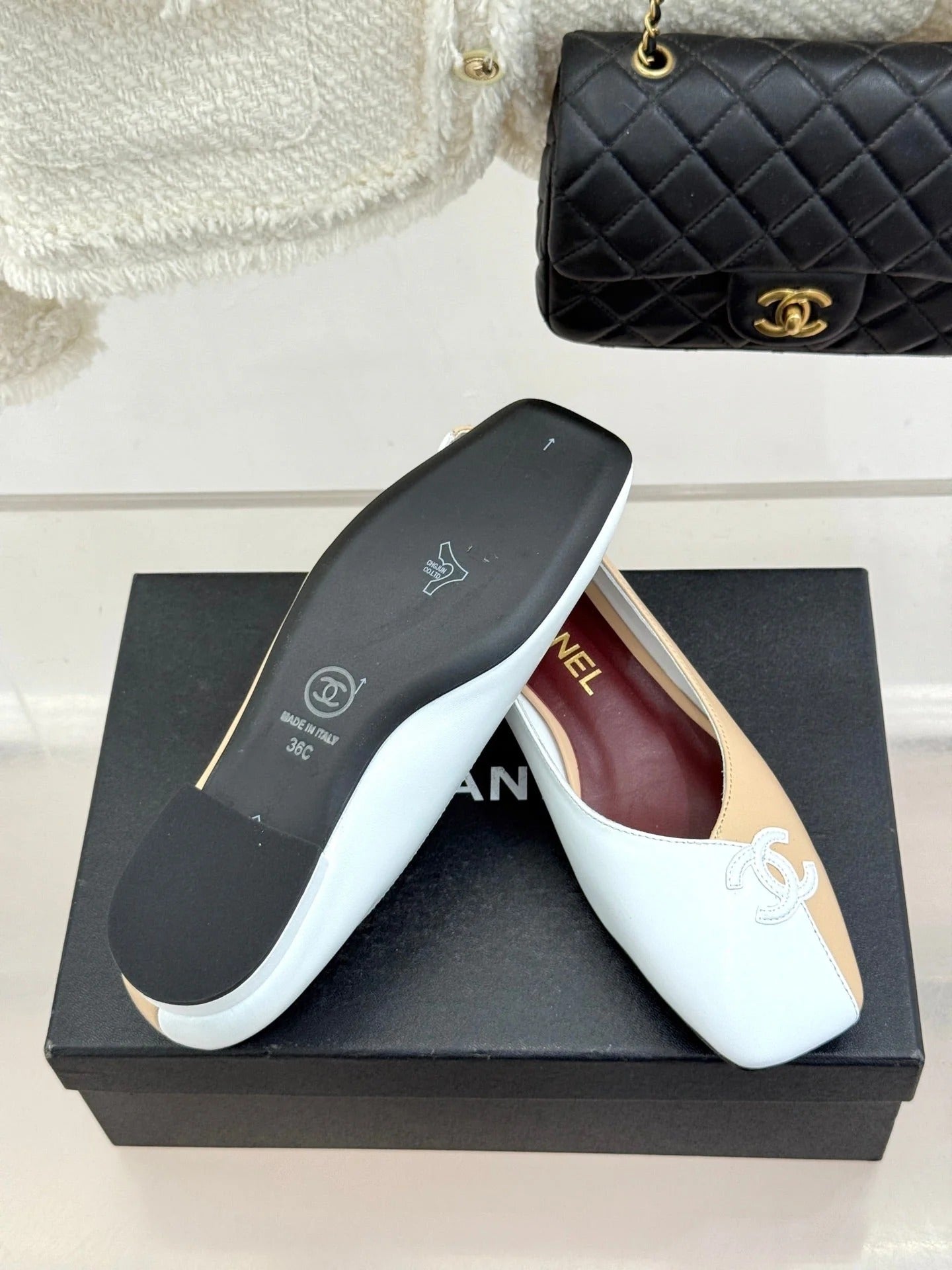 CC 26S Double C Patchwork Ballet Flat Beige White in Cowhide 706368
