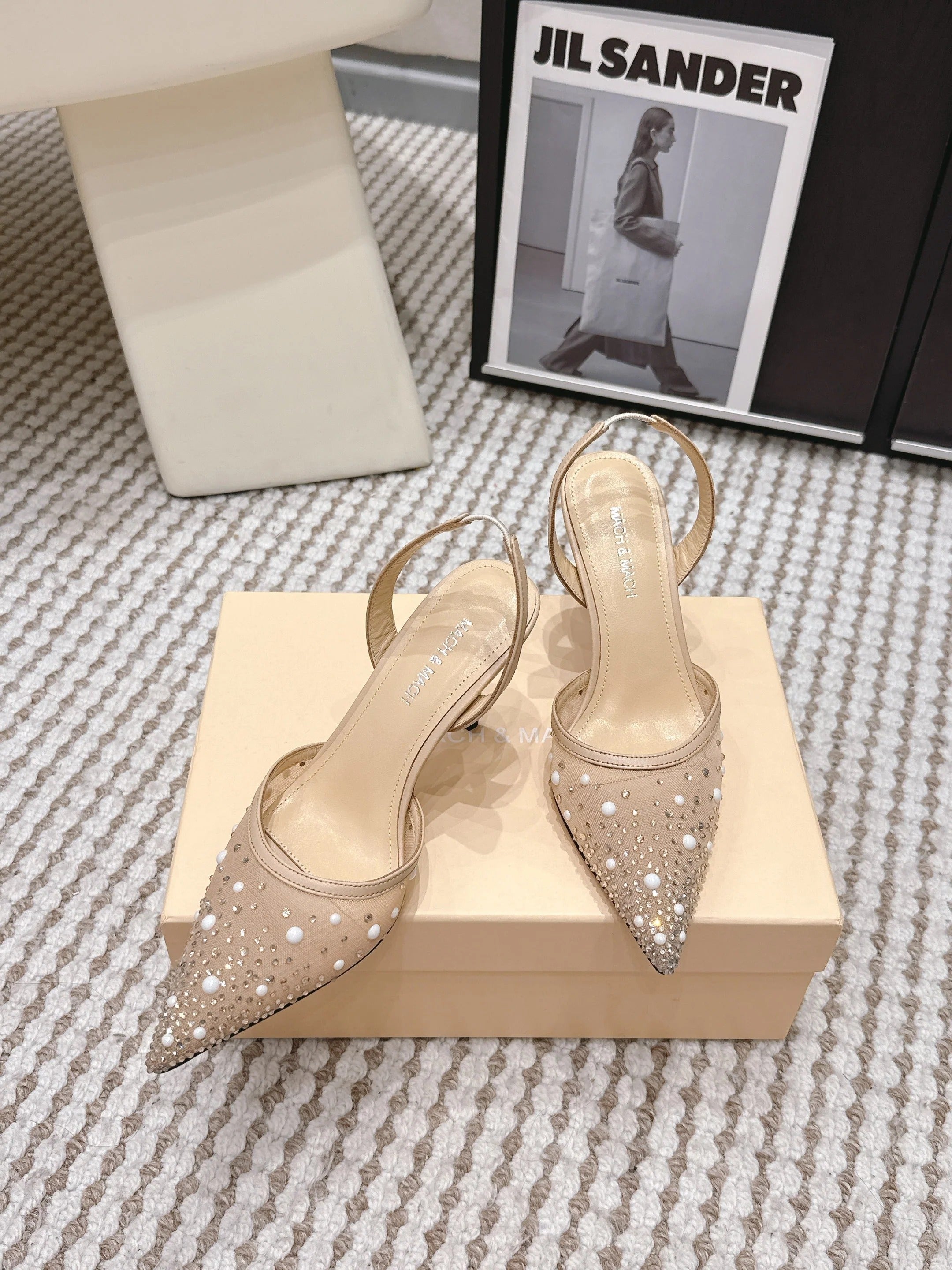 Mach & Mach 26 Pointed Toe High Heels 85 Crystal Nude Beige in Sheepskin 722817