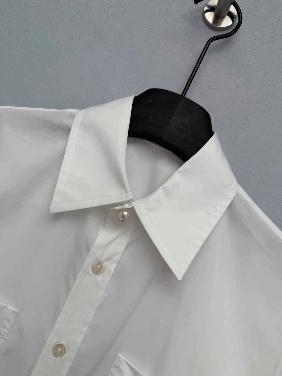 Chanel 2026 Pearl Button Chain Trim Short Shirt White Cotton 213056