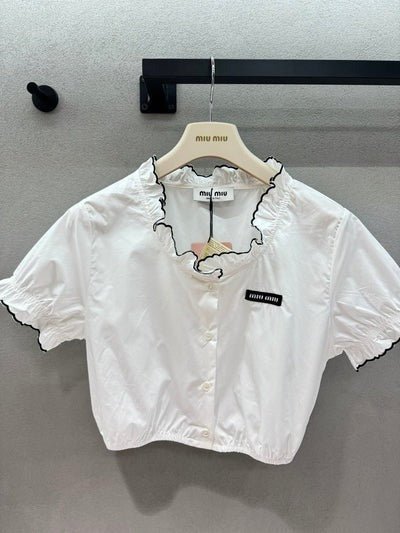 Miumiu 2026 Ruffled Trim Shirt White Black Cotton 375185