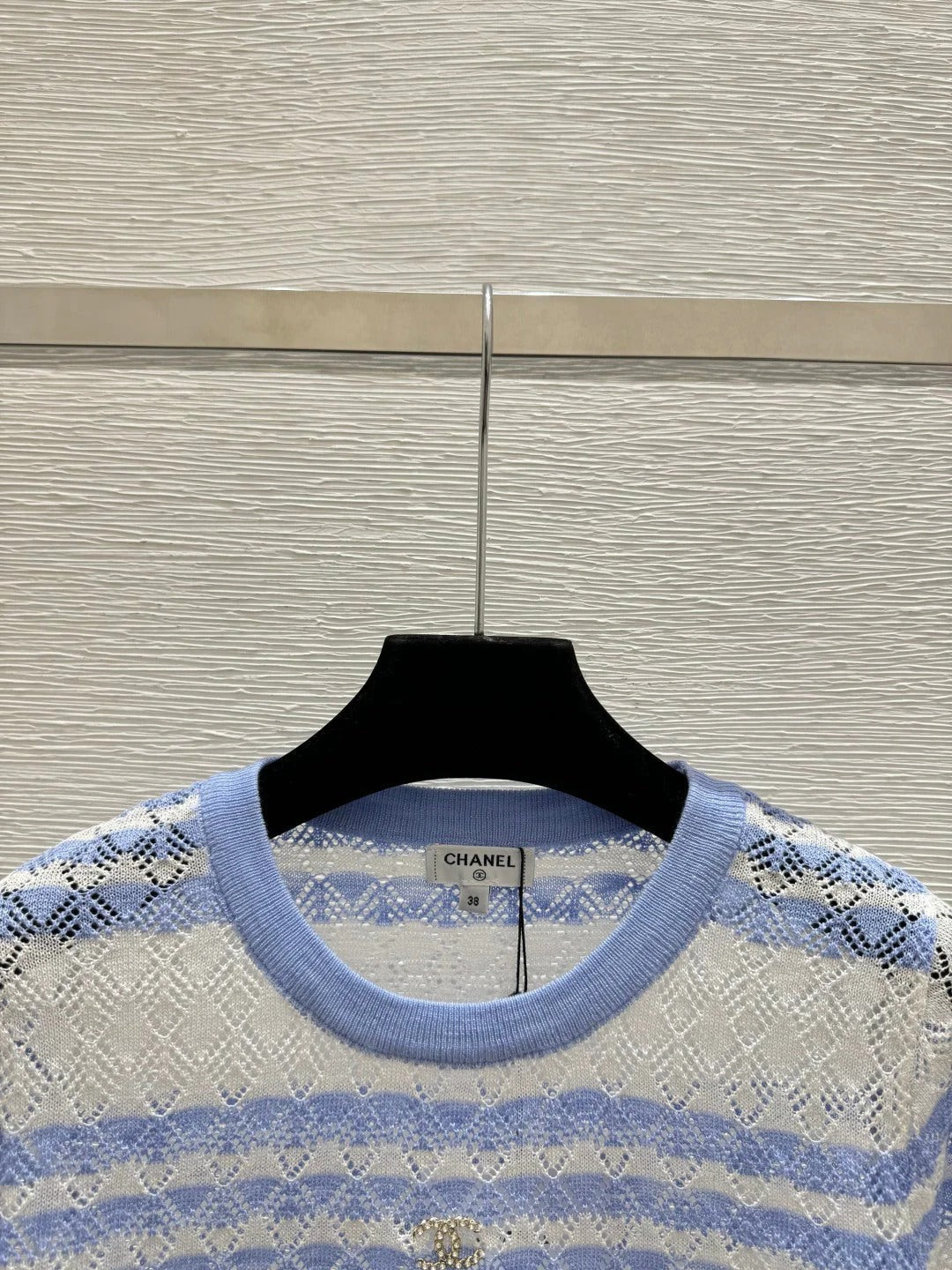 Chanel 2026 Striped Knit Short-sleeved Top Blue and Black Wool Cashmere 368362