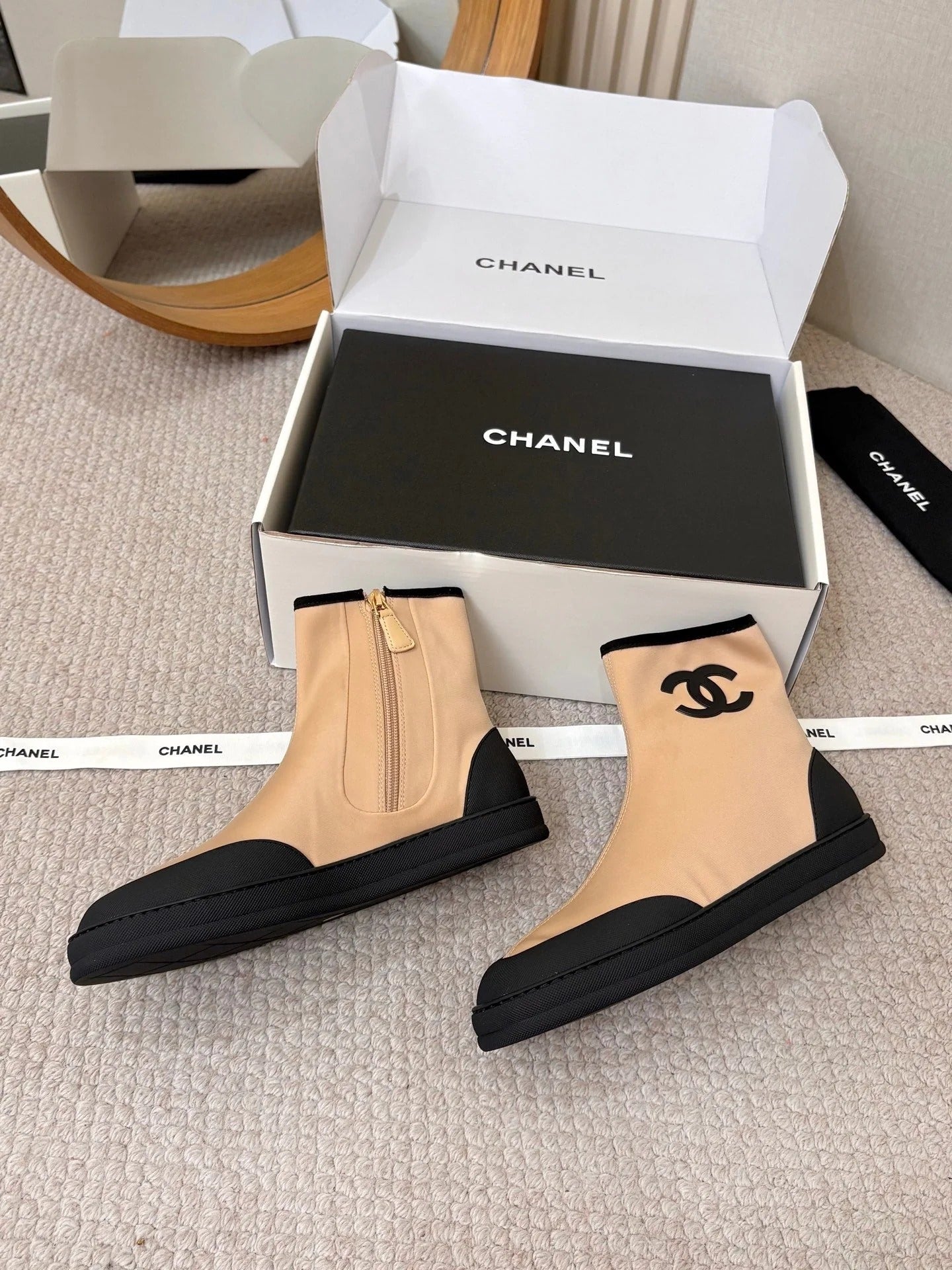 Chanel 2026 Double-C Metal Logo Ankle Boots Canvas Sheepskin 826495