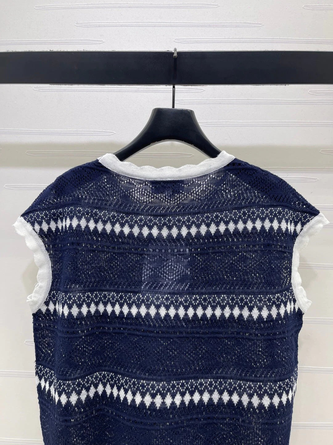 Chanel 2026 Hollow-out Striped Knit Vest Navy Blue Viscose 677769