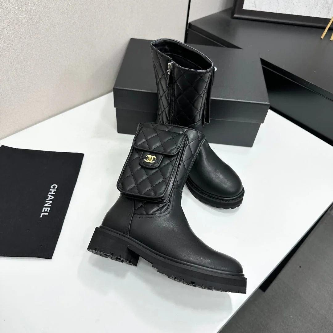 Chanel 2026 Quilted Pocket Combat Boots Black Cowhide 985931
