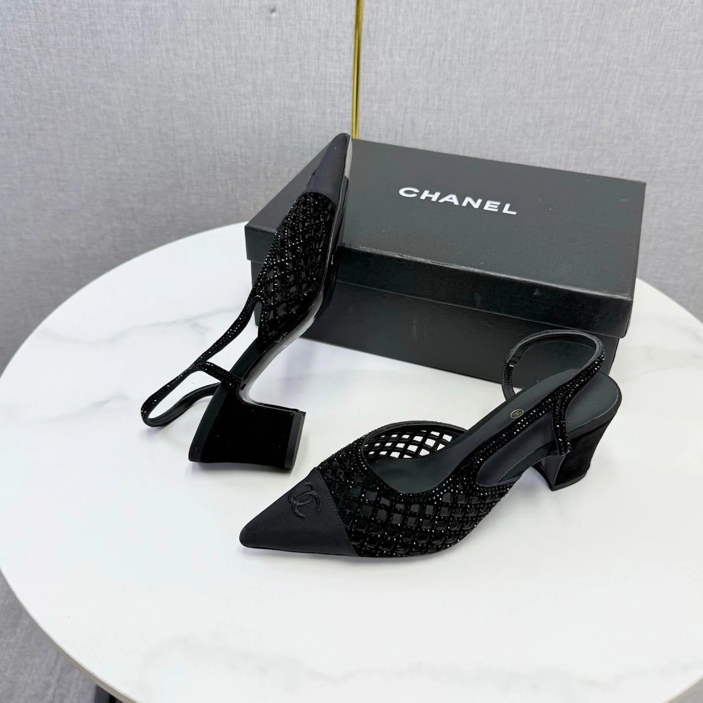 Chanel 2026 Embellished Mesh Slingback 50mm Sheepskin Satin 904533