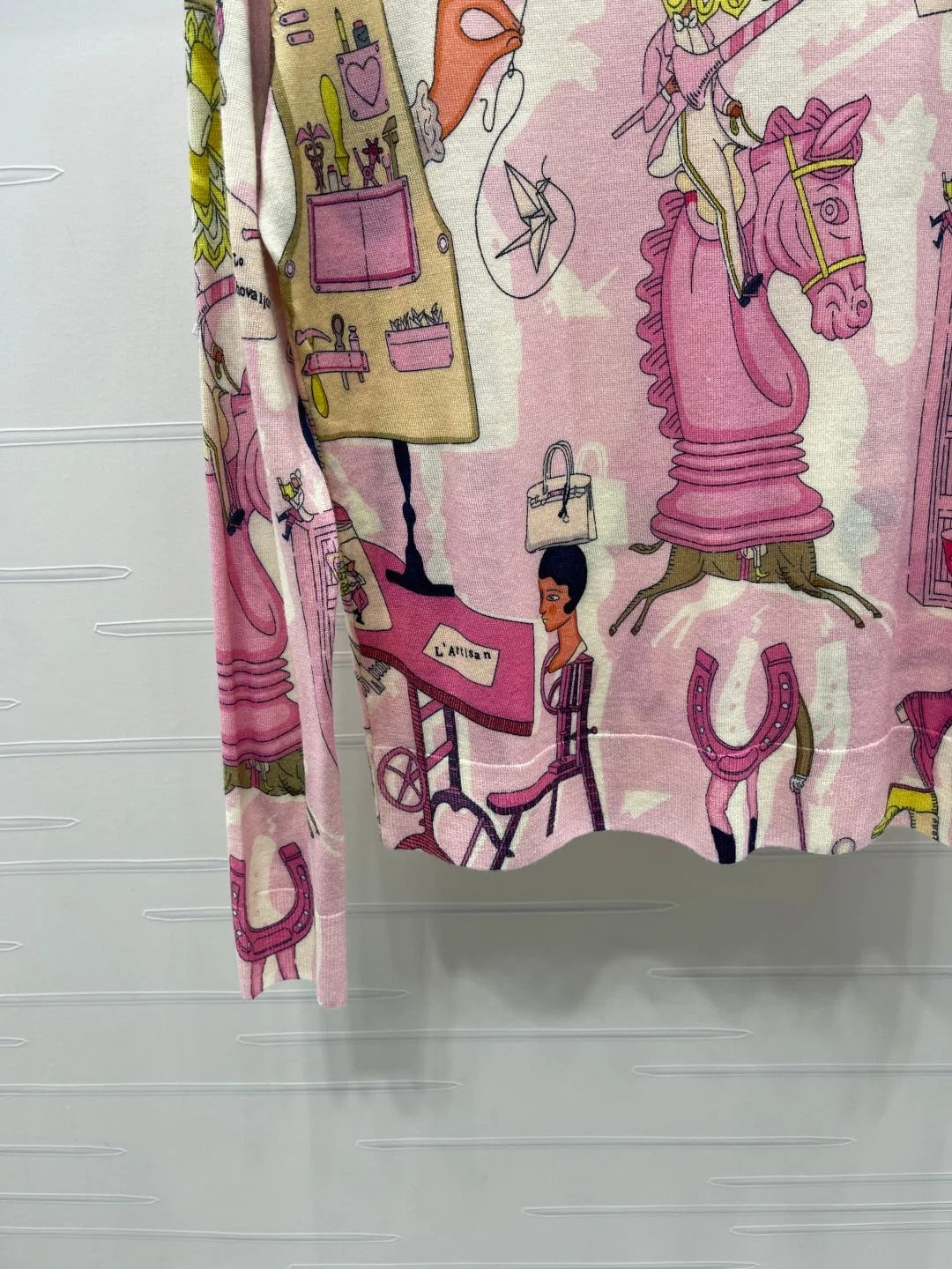 Hermes 2026 Printed Crew Neck Knit Long Sleeve Top Pink Wool 417087