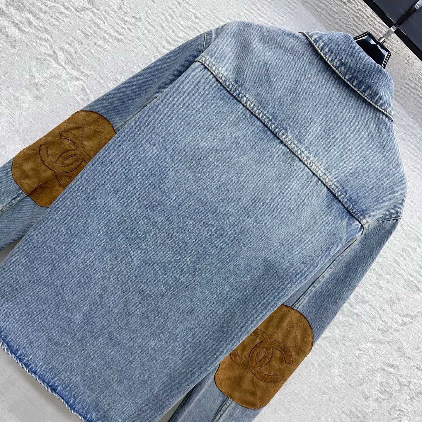 Chanel 2026 Checkered Denim Shirt with Sleeve Patches Light Blue Cotton 418505