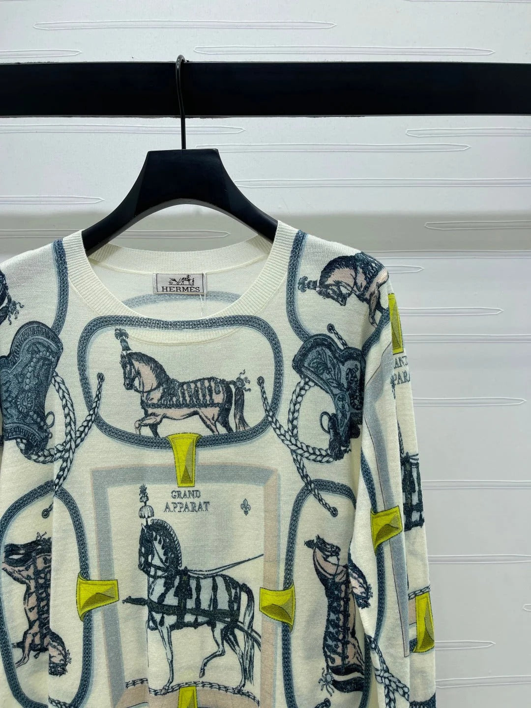 Hermes 2026 Horse Print Long Sleeve Top Cream Blue Wool 417088