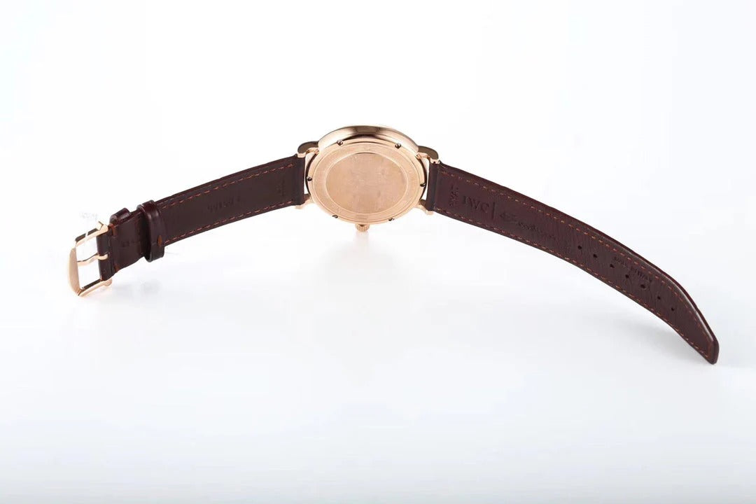 IWC Portofino 40mm Black Dial Pink Gold Case Brown Leather