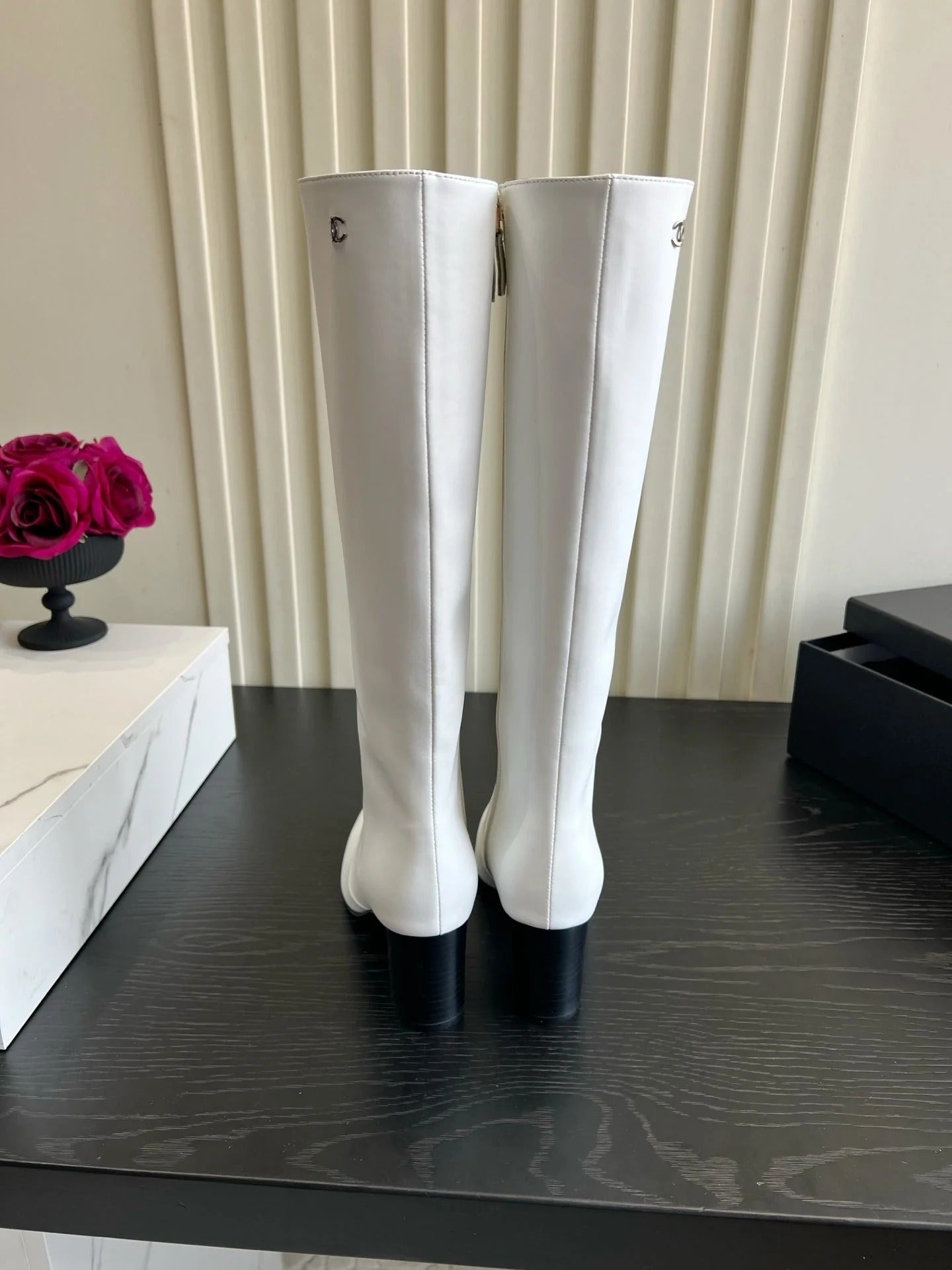 Chanel 2026 Square Toe Chunky Heel High Boots 50mm Cowhide 977240
