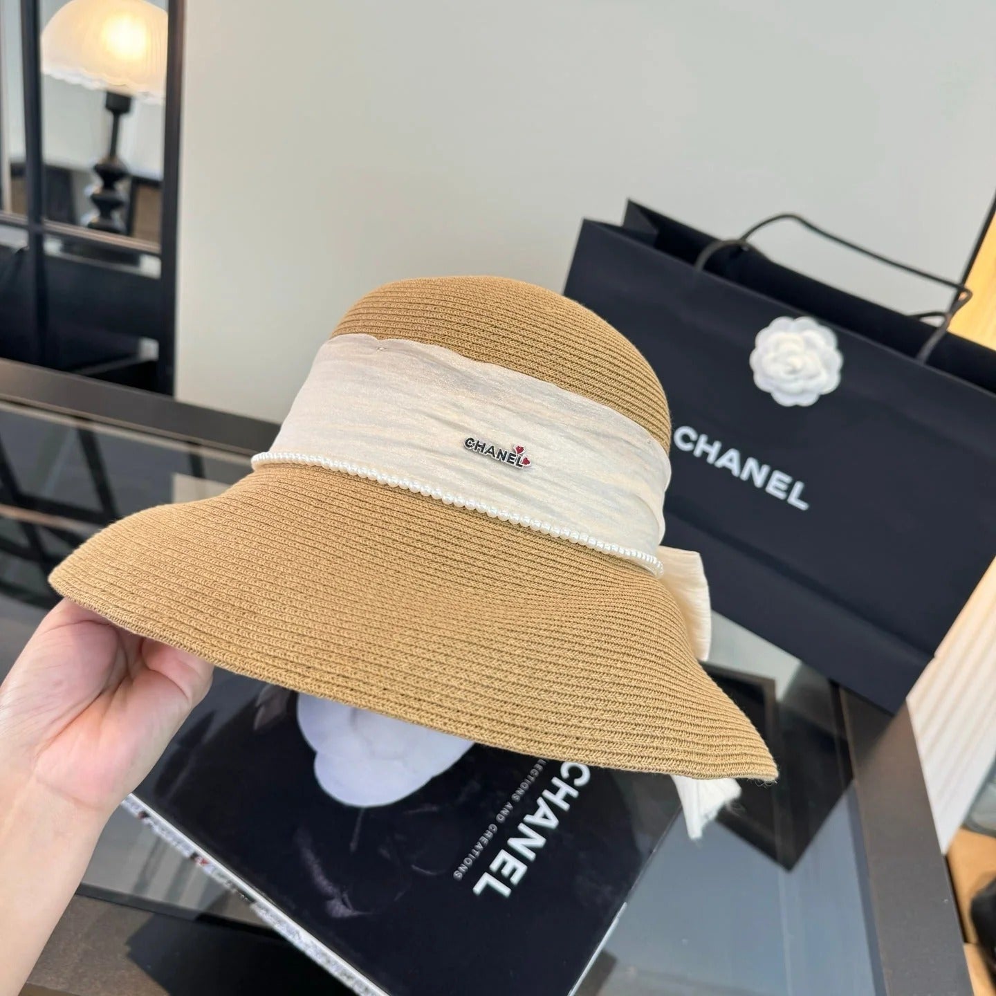 Chanel Bow Pearl Straw Hat 400895