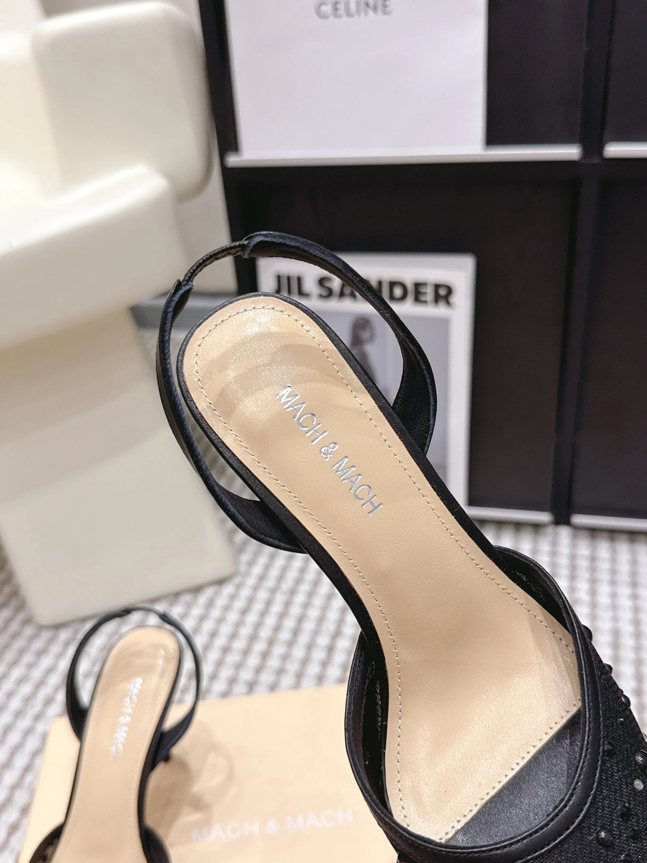 Mach & Mach 26 Pointed Toe High Heels 85 Crystal Black in Sheepskin 722816