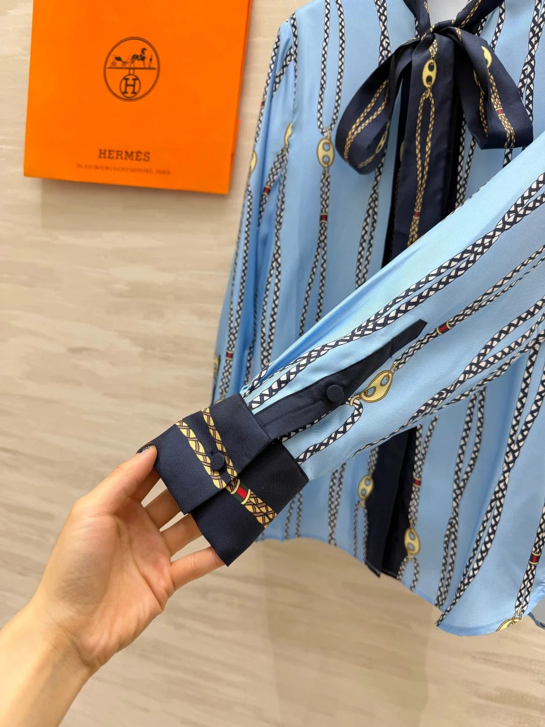 Hermes 2026 Chain Print Ribbon Shirt Blue Silk 408796