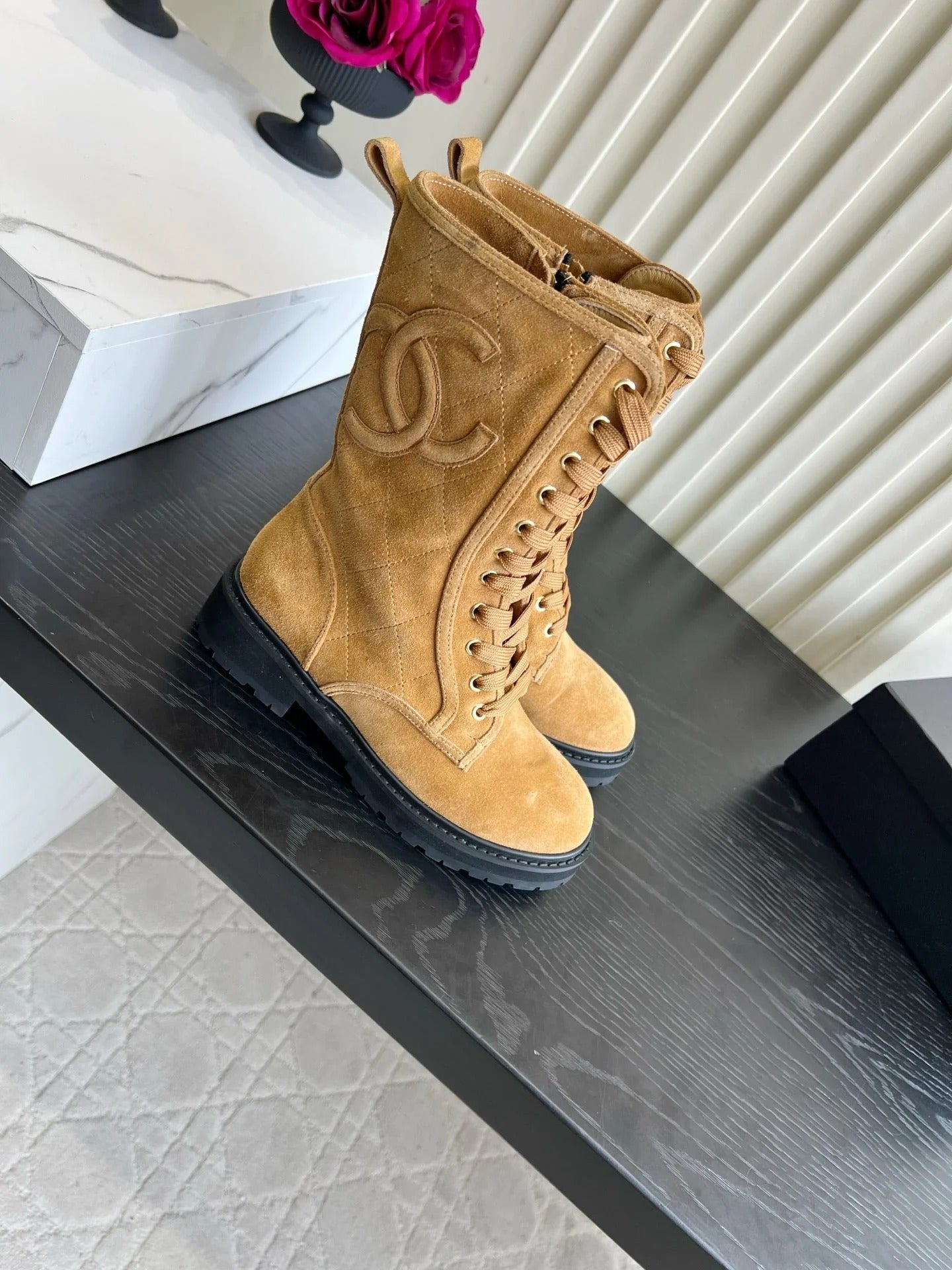 Chanel 2026 Quilted Logo Lace Up Tall Combat Boots Suede Cowhide 977208