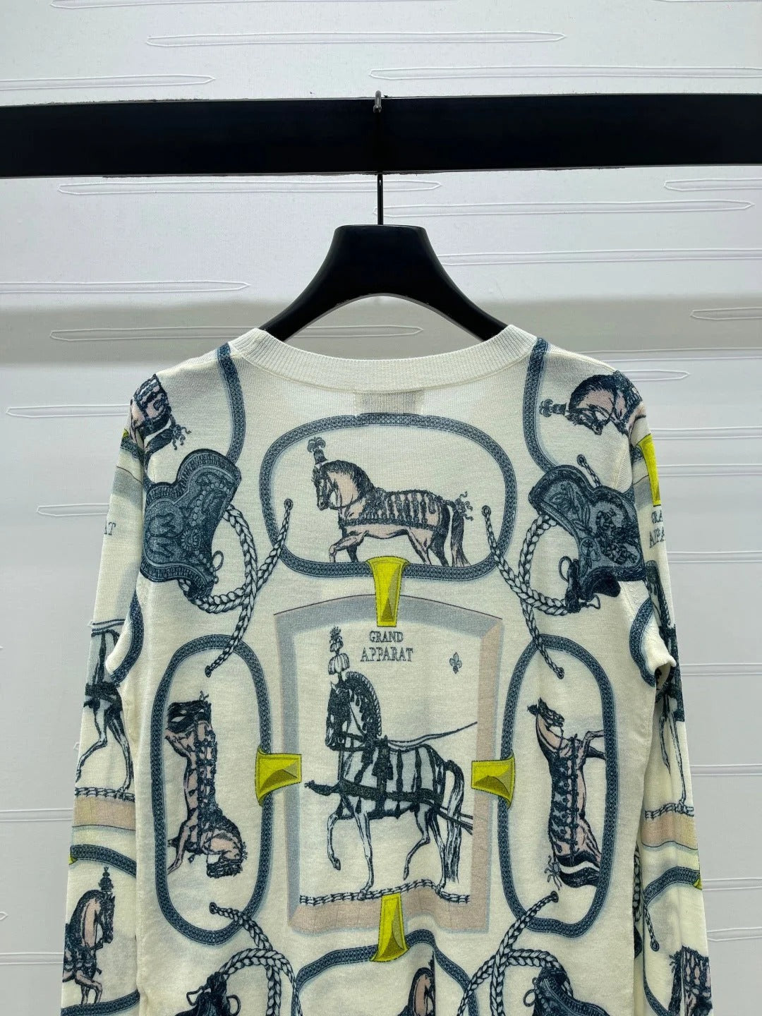 Hermes 2026 Horse Print Long Sleeve Top Cream Blue Wool 417088