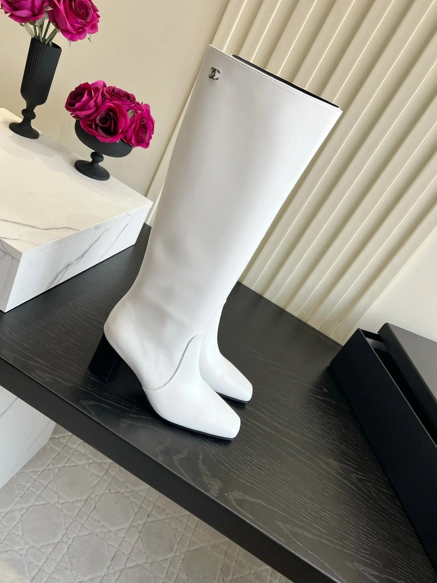 Chanel 2026 Square Toe Chunky Heel High Boots 50mm Cowhide 977240