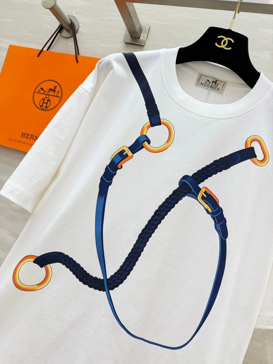 Hermes 2026 Rope Print T-Shirt White Mix Blue Cotton 408325