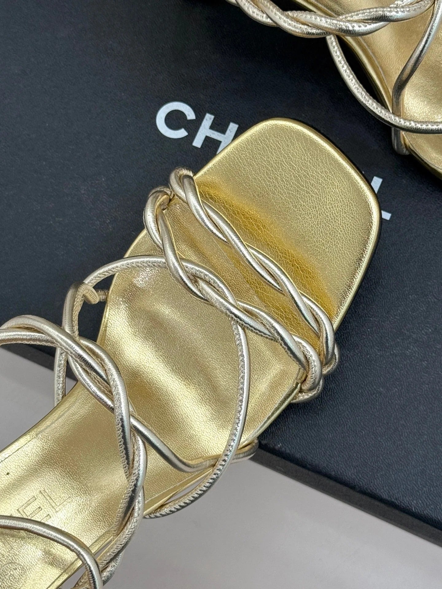 CC 26P Double C Strappy Square Toe High-Heeled 70 Sandals Gold in Cowhide 706345