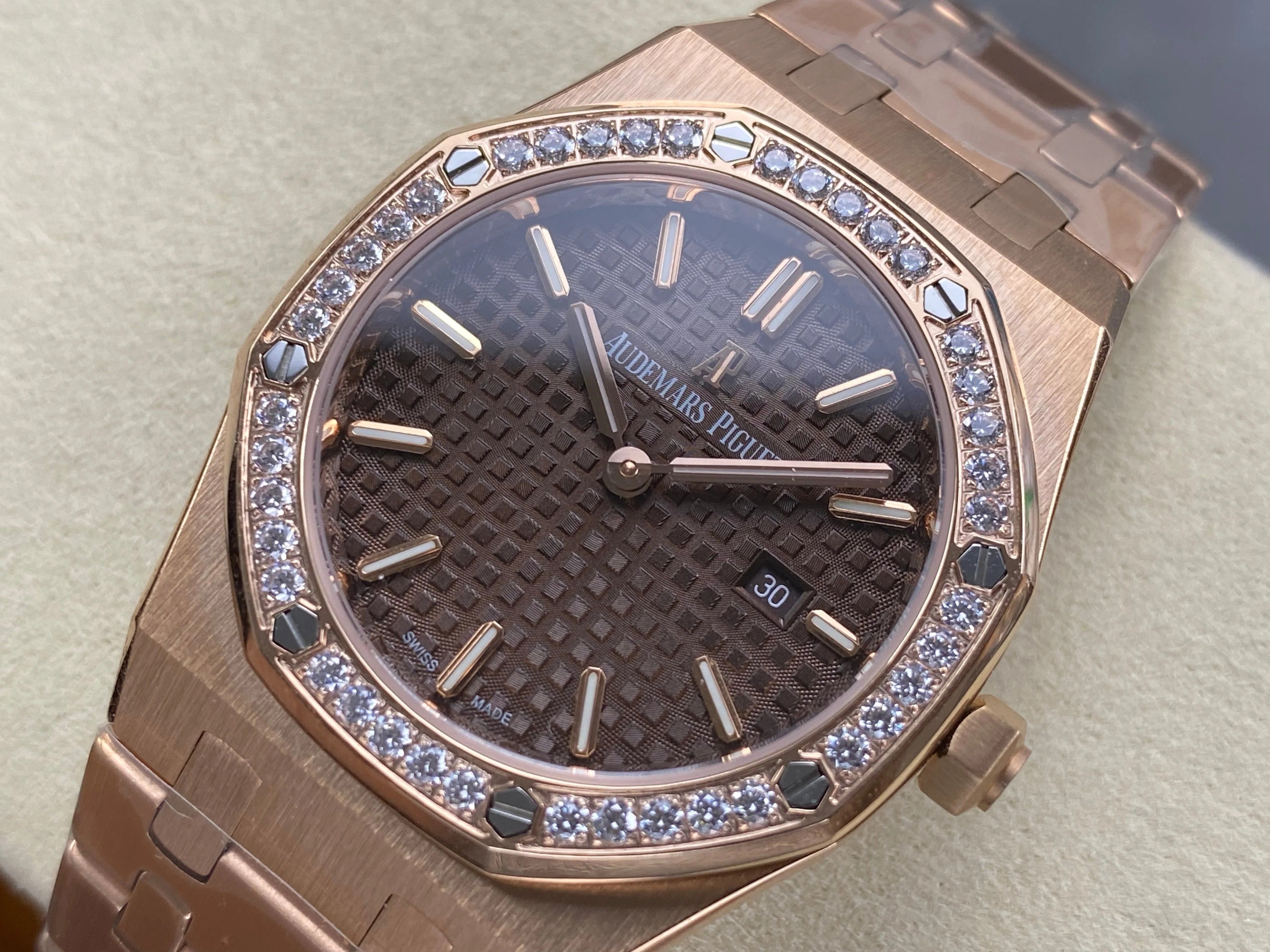Audemars Piguet Royal Oak 33mm Pink Gold Case Brown Dial Diamond Bezel