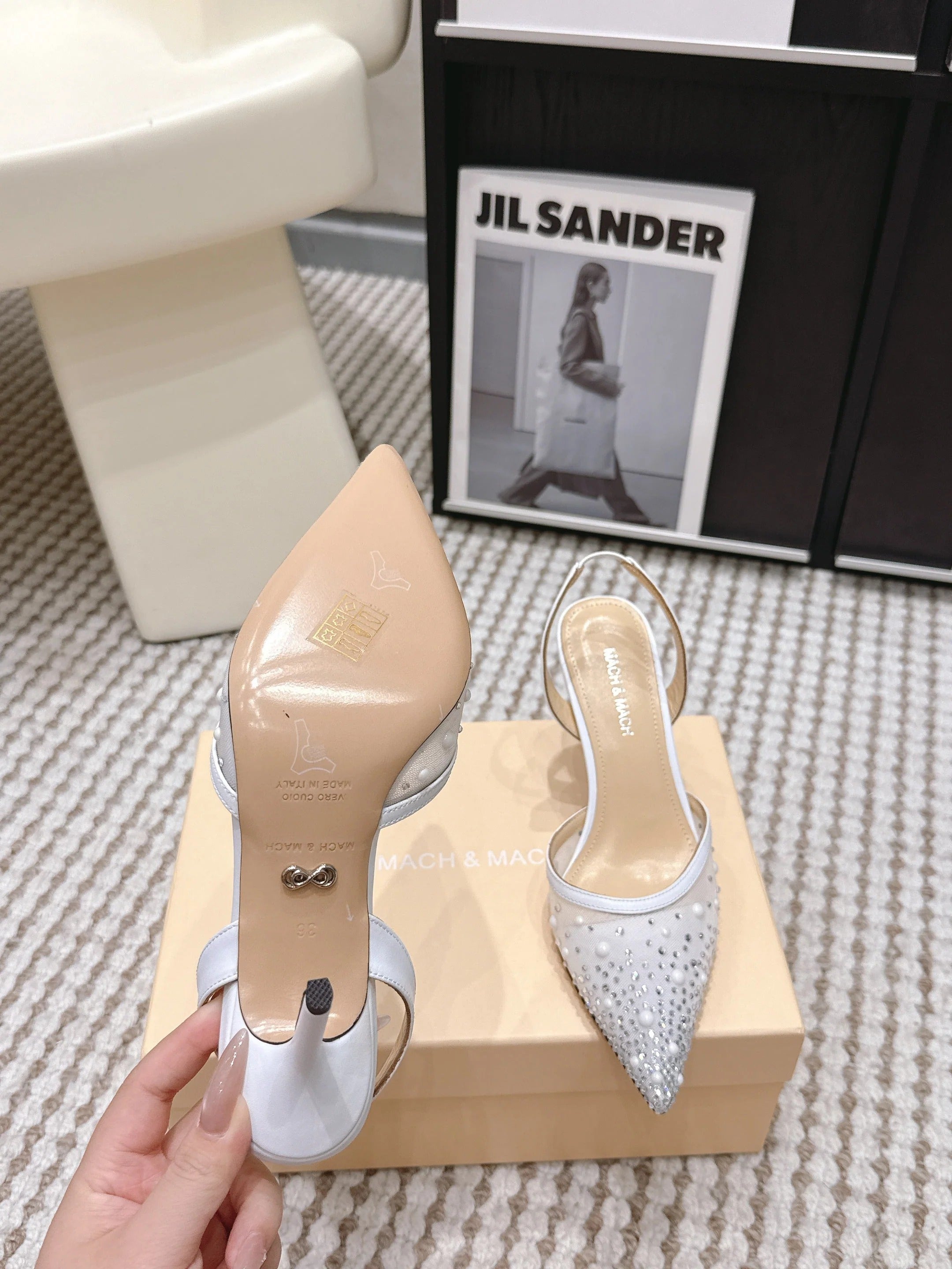 Mach & Mach 26 Pointed Toe High Heels 85 Crystal White in Sheepskin 722818
