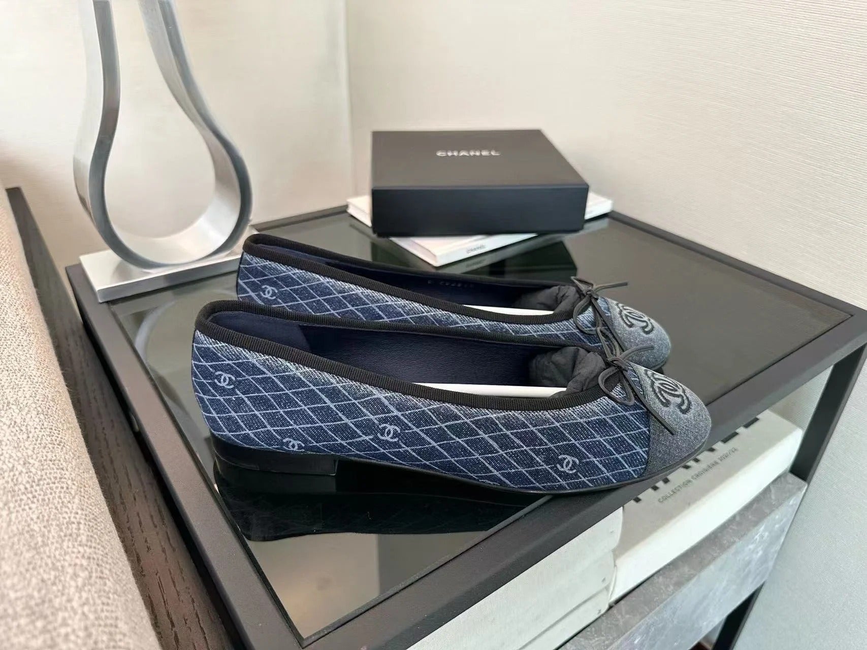 CC 25 Ballet Flat Dark Blue White Quilted Denim
