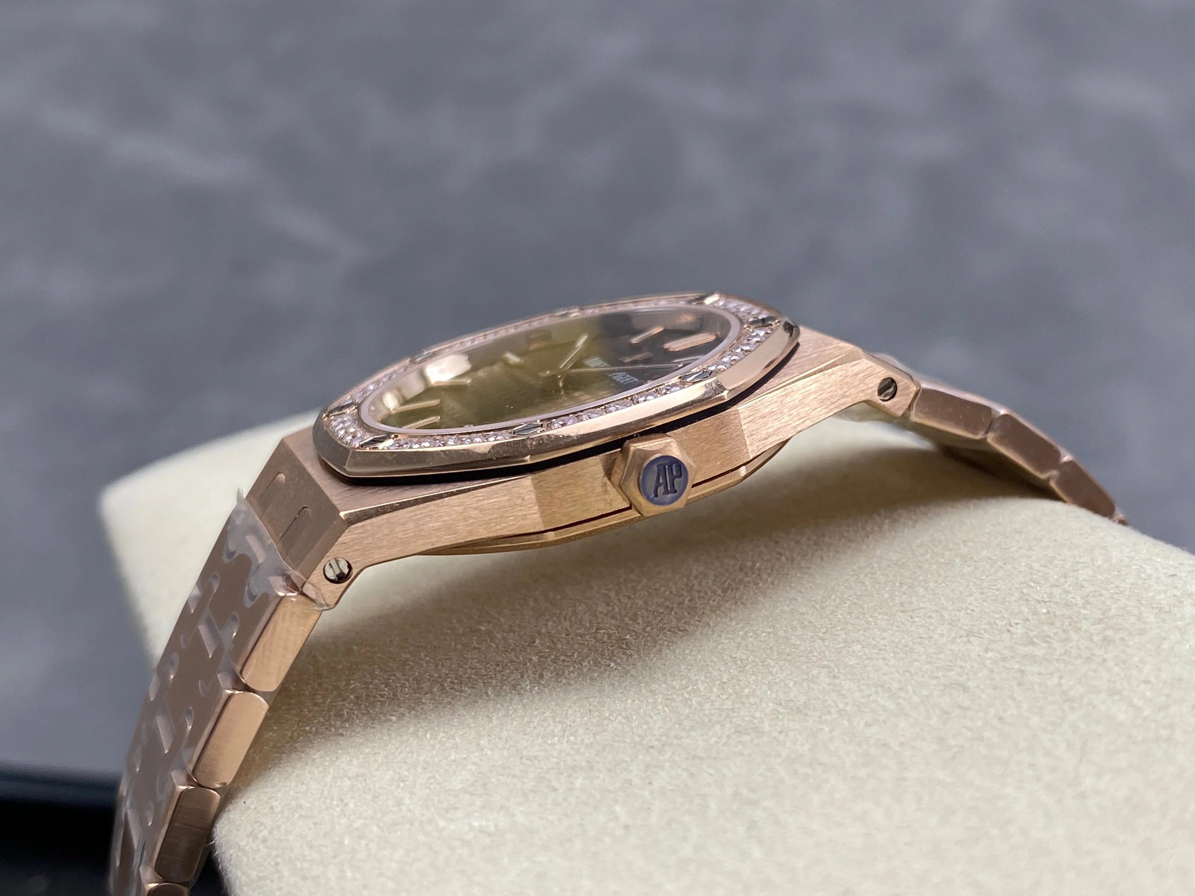 Audemars Piguet Royal Oak 33mm Pink Gold Case Brown Dial Diamond Bezel