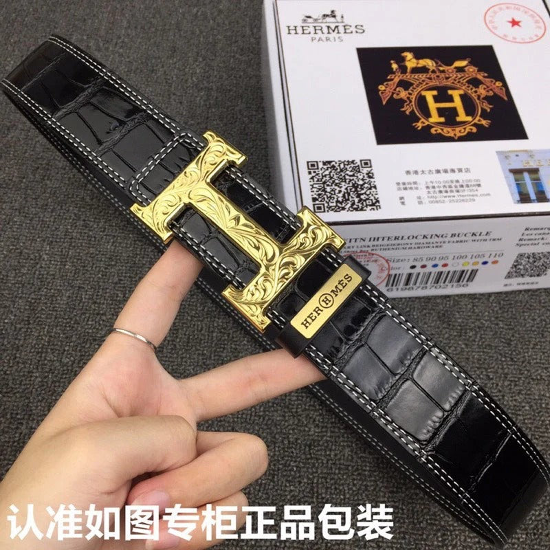 HM Belt 38mm Black Crocodile Leather Gold Buckle 619361