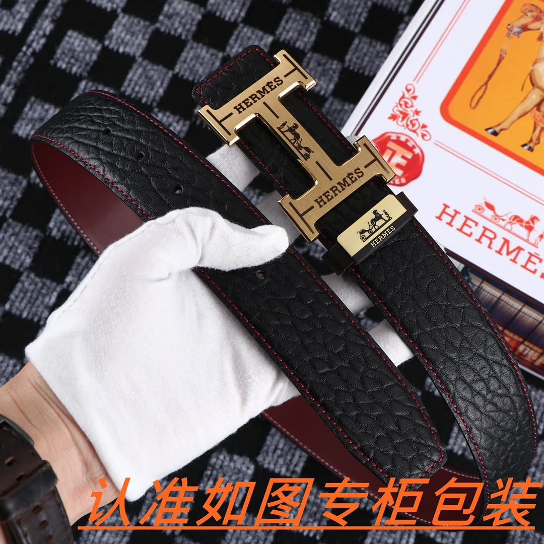 HM Belt 38mm Black Cowhide Leather Gold Buckle 619053