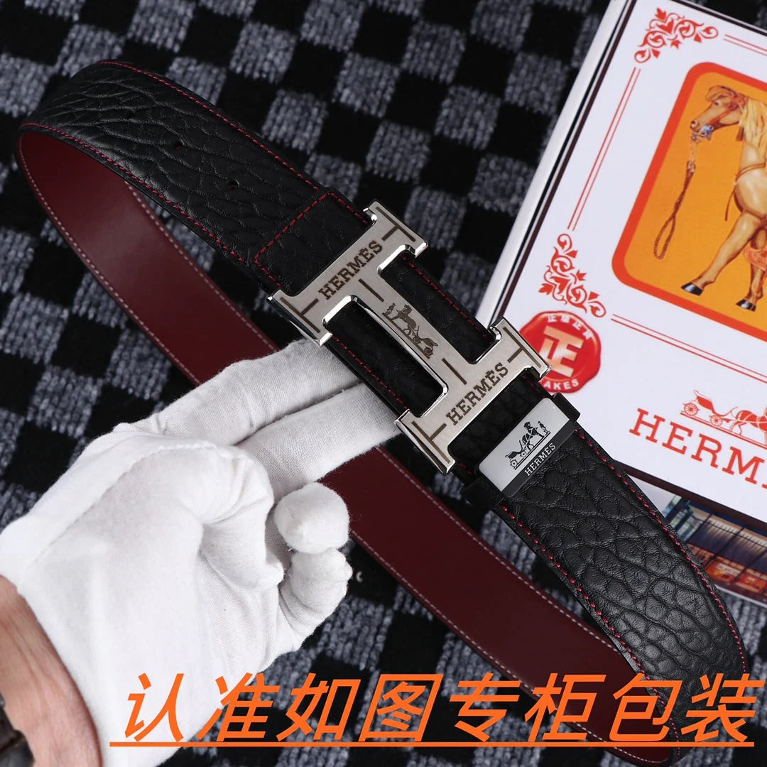 HM Belt 38mm Black Cowhide Leather Sliver Buckle 619054