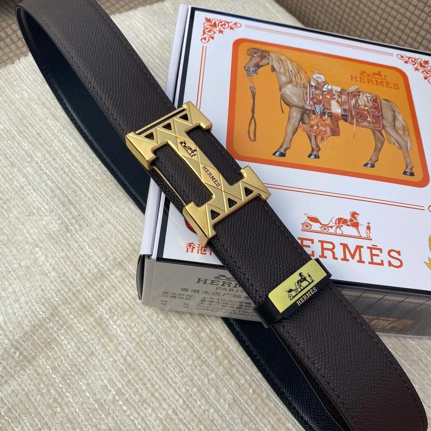 HM Belt 38mm Chocolate Black Cowhide Leather Gold Buckle 619065