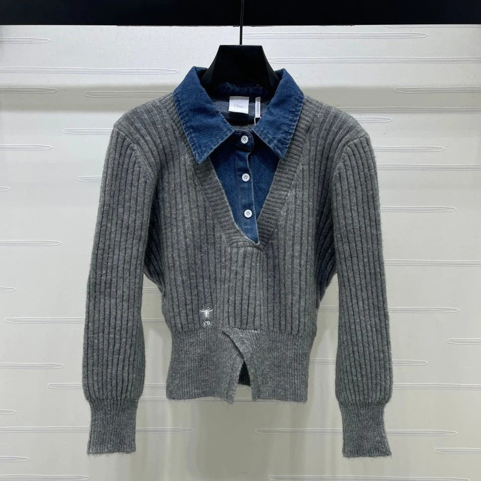Dior 2026 Denim Patchwork Collared Knit Long-Sleeve Top Wool 779595